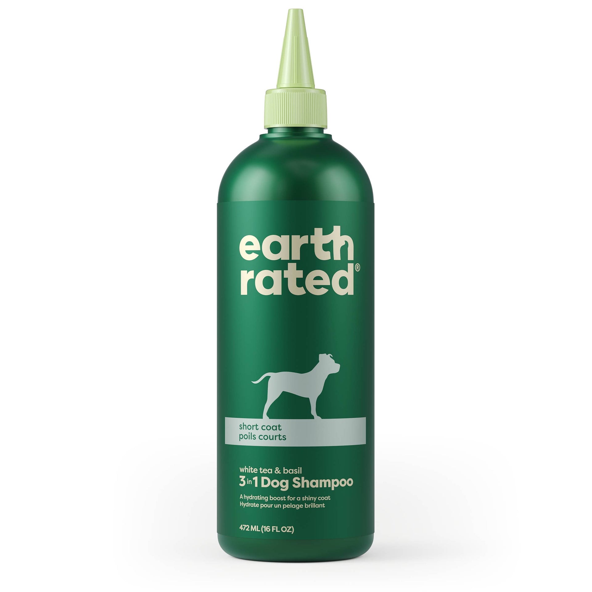 Earth Rated 3-in-1 Dog Shampoo bottle for short coats with blue and white packaging design.