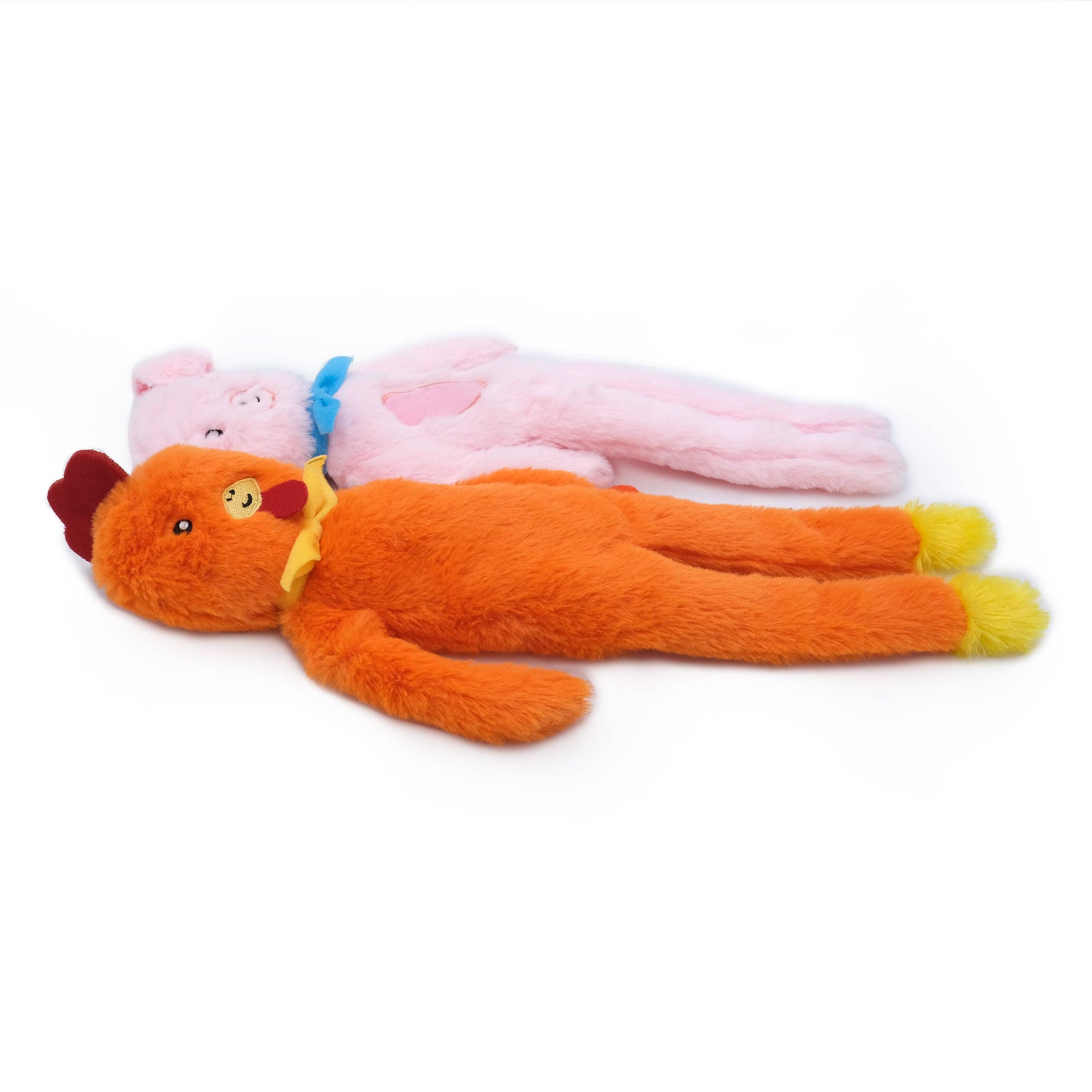 ZippyPaws Fluffy Peltz plush chicken and pig toys with neckties shown in lifestyle setting or alternate angle.
