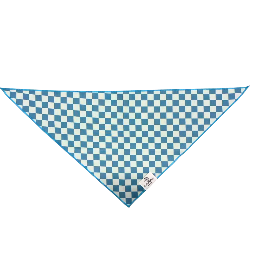 Rufflifepals Teal Check dog bandana displayed flat, featuring a classic teal and white plaid pattern.