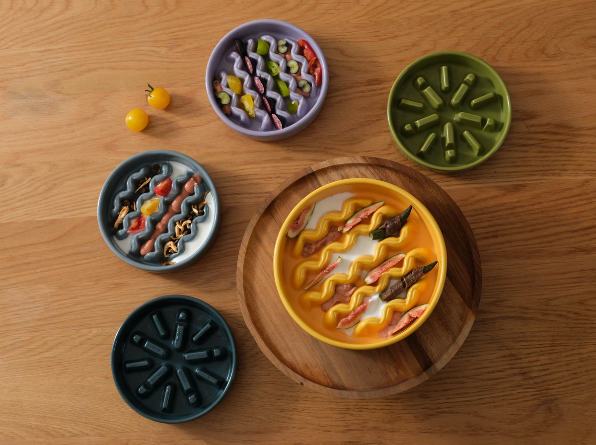PEHOM Macaroni slow feeder bowl shown from an additional angle highlighting its unique textured feeding surface.