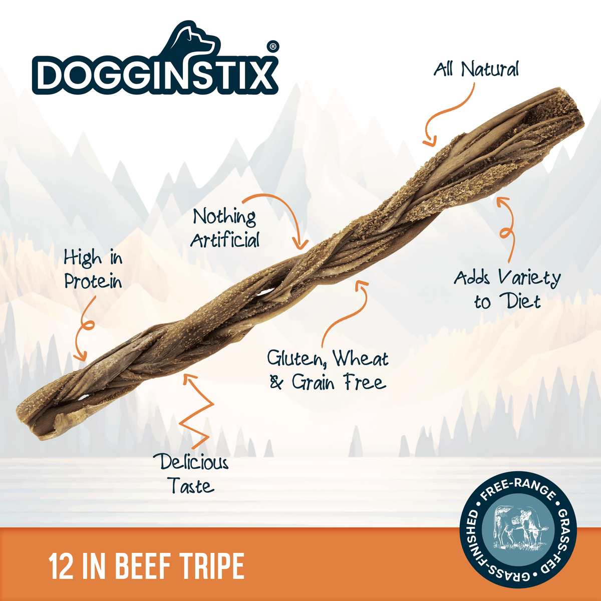 Close-up detail of Dogginstix 12-inch braided beef tripe sticks showing twisted texture and natural coloring.