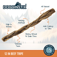 Close-up detail of Dogginstix 12-inch braided beef tripe sticks showing twisted texture and natural coloring.