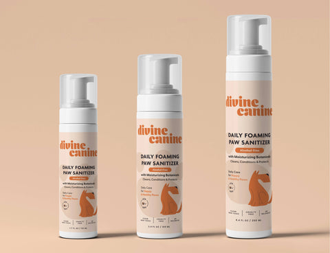 Divine Canine Foaming Paw Shampoo bottle being applied to a dog's paw demonstrating the rinse-free foam formula