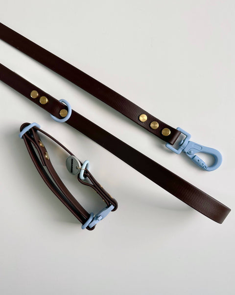 Hund & Shore Mochaccino collar detail showing mocha brown material with light blue accent stitching and hardware.