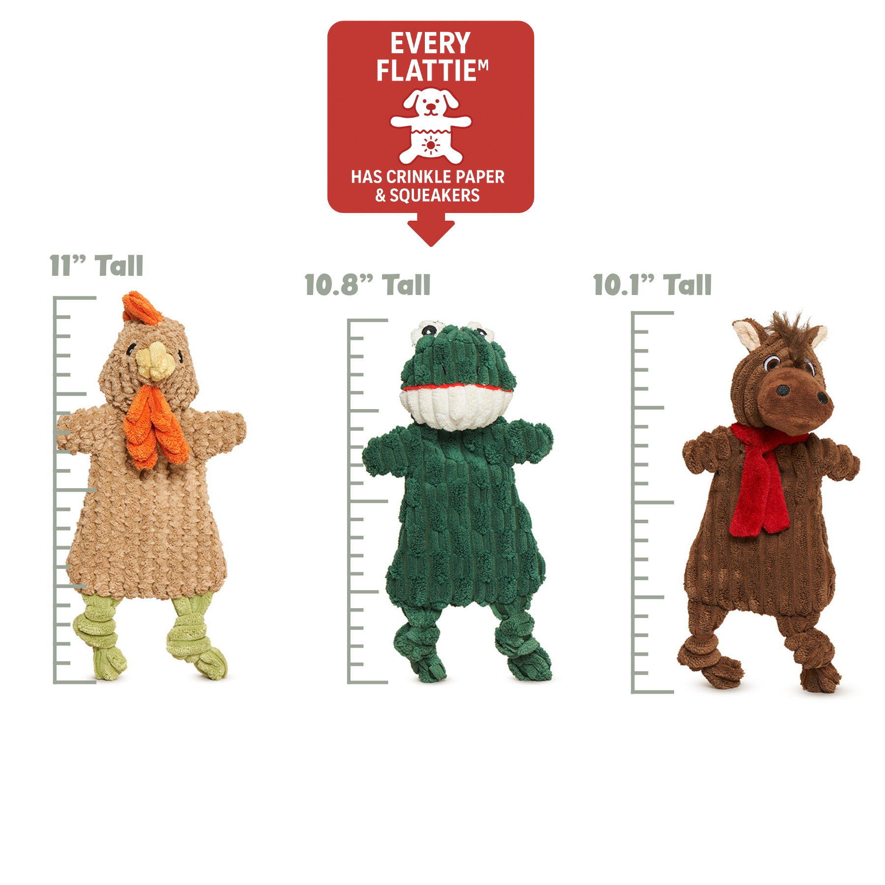 HuggleFlatties Pasture Pals 3-pack flat plush dog toys showing farm animal designs from different angle.