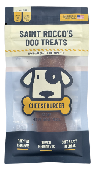 Saint Rocco's Singles treats shown in a lifestyle setting with a happy dog nearby.