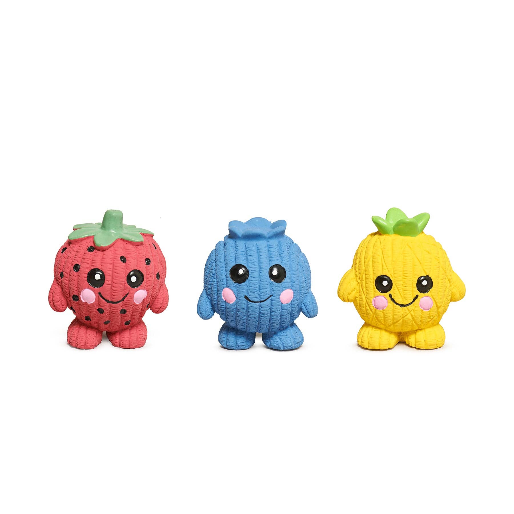 Fruitie Cuties Foodies Ruff-Tex three-pack dog toys showing detailed texture and construction of fruit-shaped designs.
