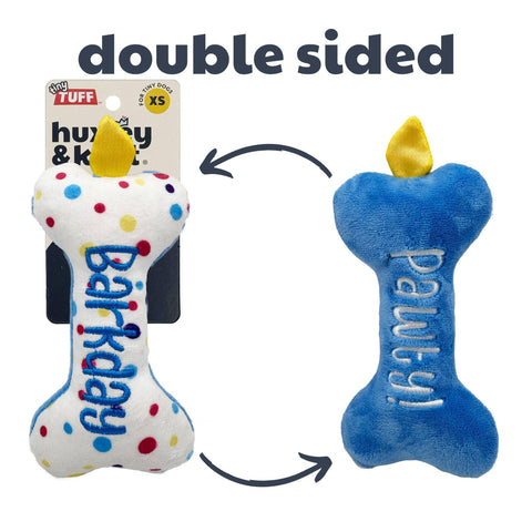 Huxley & Kent Tiny Tuff Its My Barkday Bone plush dog toy in festive birthday-themed design.