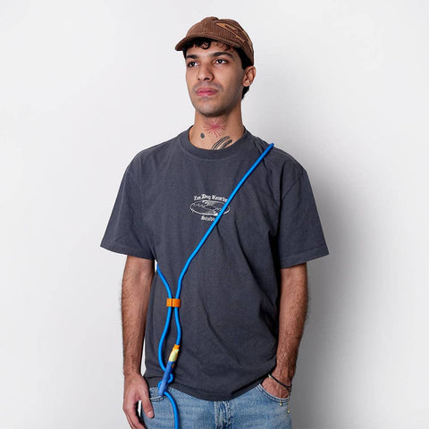 Zee.Dog Neopro Hands-Free Leash in sapphire blue showing adjustable waist belt and carabiner connections.