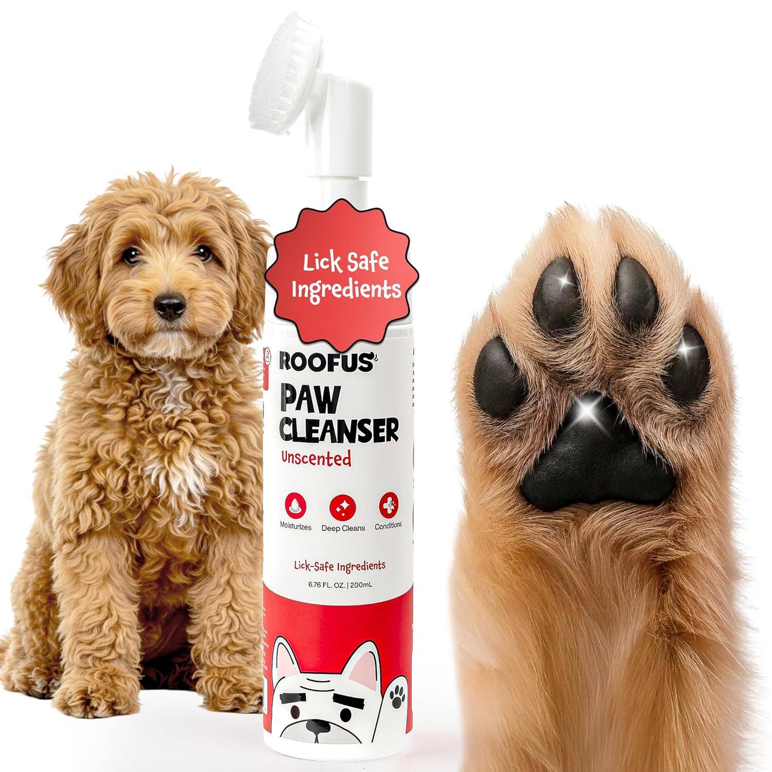 Roofus Foaming Paw Cleanser being used on a dog's paw showing the built-in soft brush applicator.