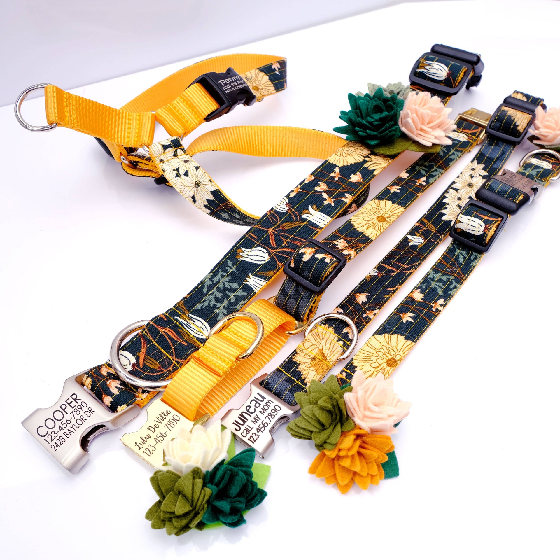 Mimi Green Succulent Dog Collar Accessory displayed on wooden surface showing handcrafted felt botanical details and attachment mechanism.