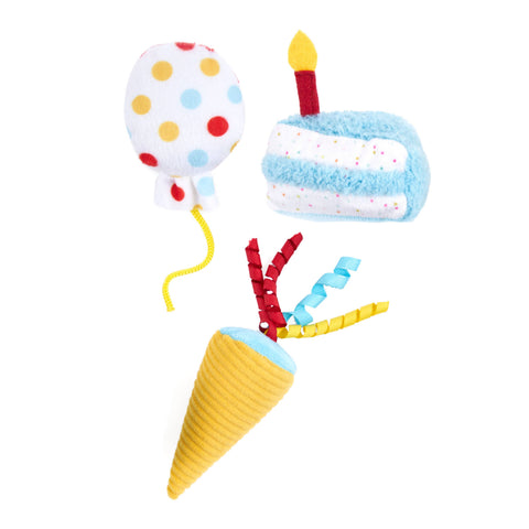 ZippyPaws Birthday Party 6-Pack cat toys arranged together showing colorful plush party-themed designs and textures.
