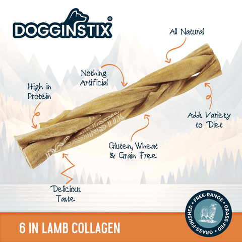 Close-up detail of Dogginstix 6-inch braided lamb collagen sticks showing twisted texture and natural color.