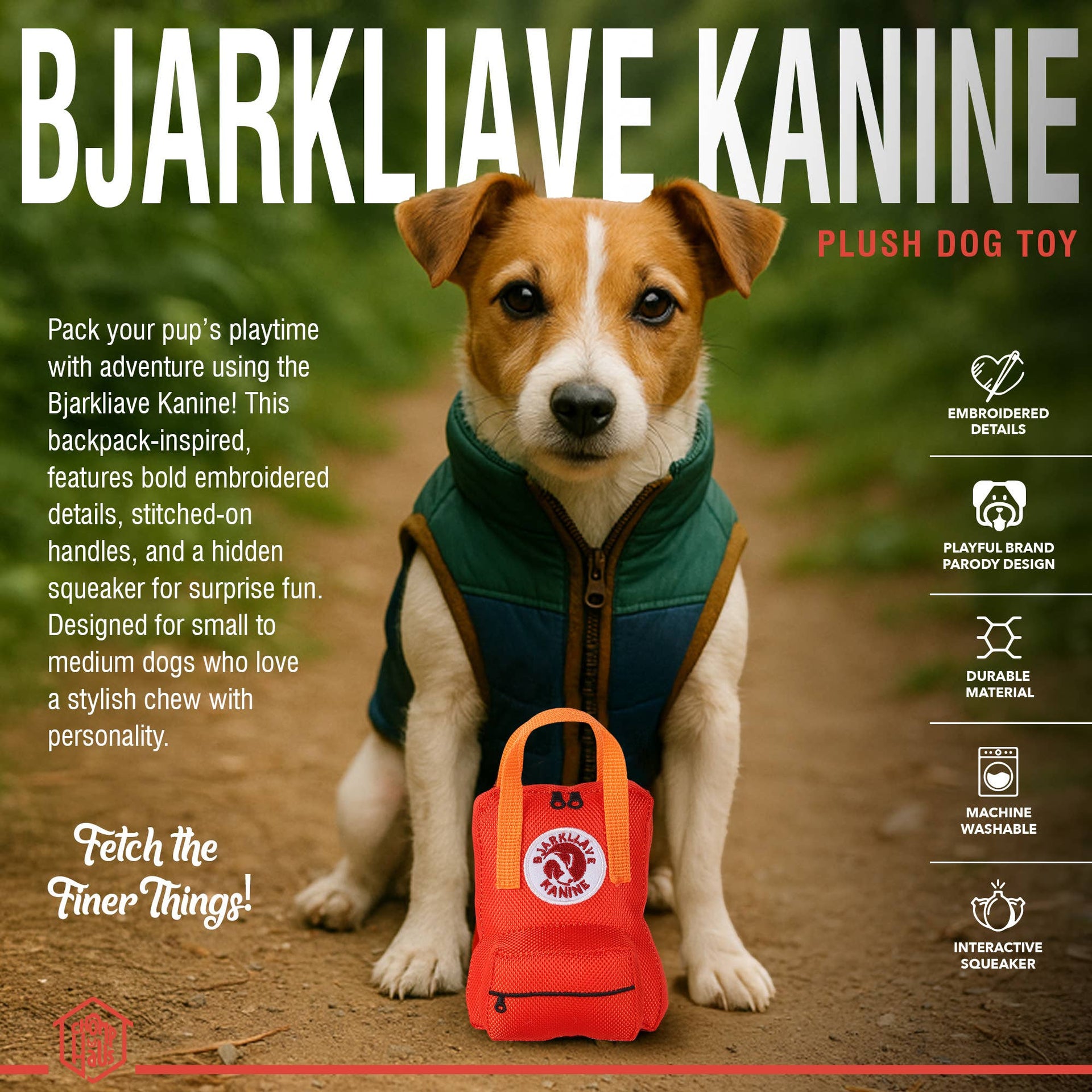 Dog playing with Chomp Haus Bjarkliave Kanine luxury plush toy during outdoor playtime session.
