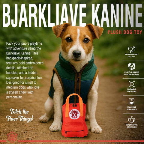 Dog playing with Chomp Haus Bjarkliave Kanine luxury plush toy during outdoor playtime session.