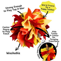Chelsy's Toys Interactive Snuffle Ball showing detailed view of colorful fleece strips and textured foraging surface.