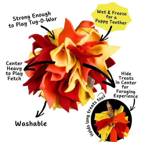 Chelsy's Toys Interactive Snuffle Ball showing detailed view of colorful fleece strips and textured foraging surface.