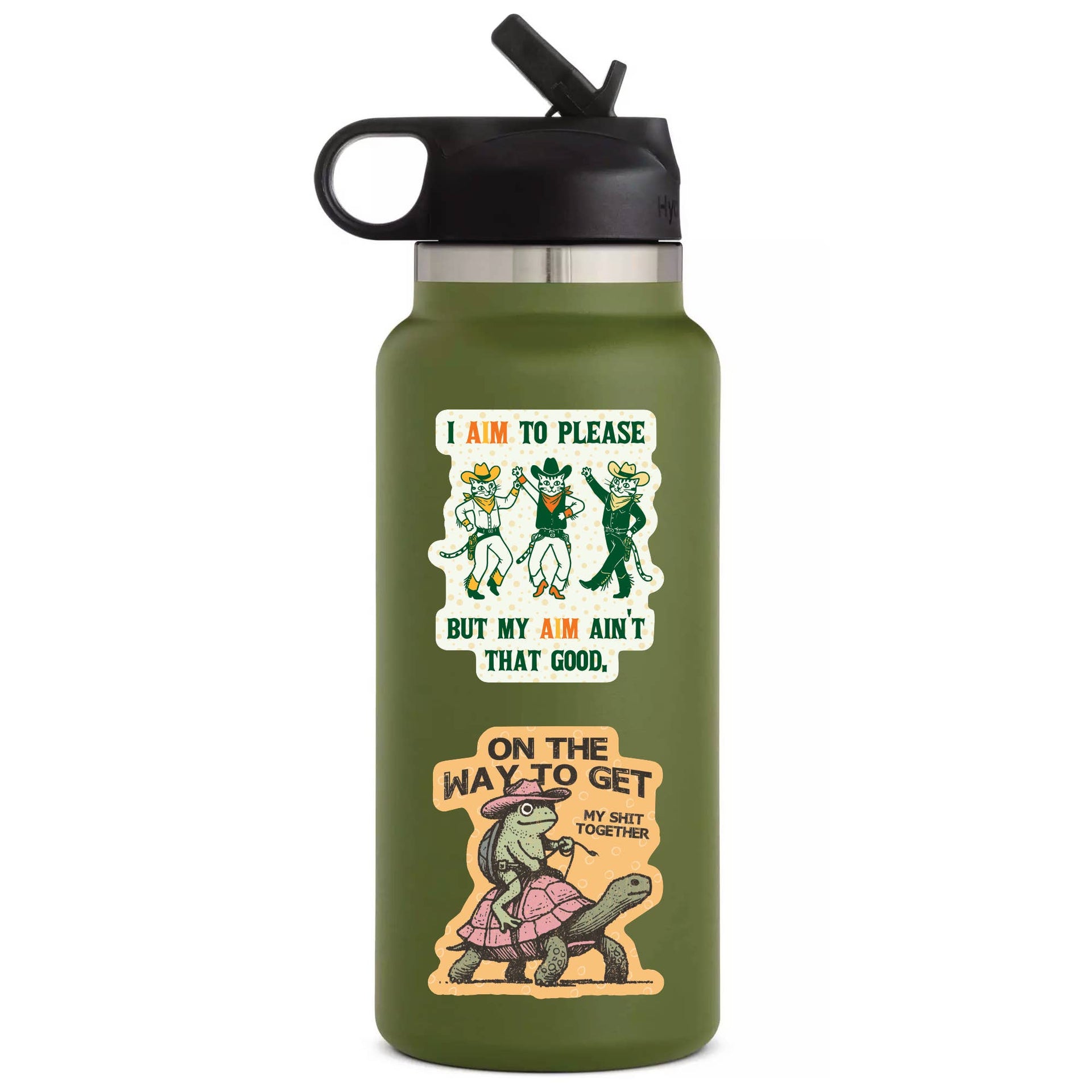 Juju and Moxie Aim to Please sticker applied to water bottle showing durability and lifestyle use.