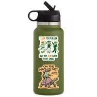 Juju and Moxie Aim to Please sticker applied to water bottle showing durability and lifestyle use.
