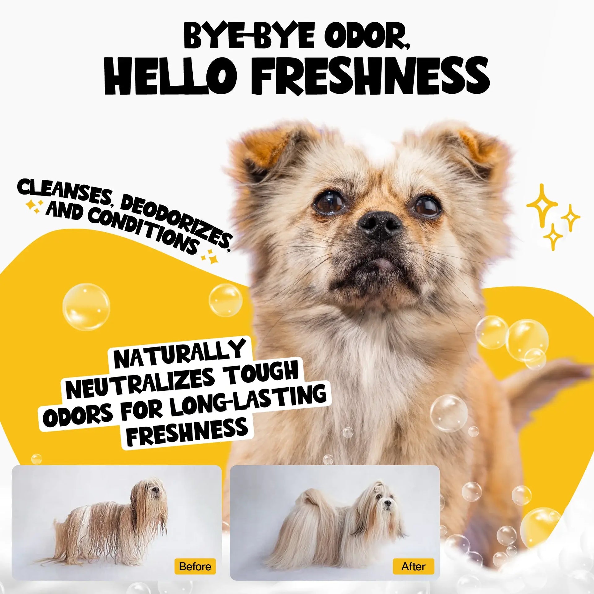 Roofus Coconut Kisses dog shampoo bottle being used during a bath time grooming session.