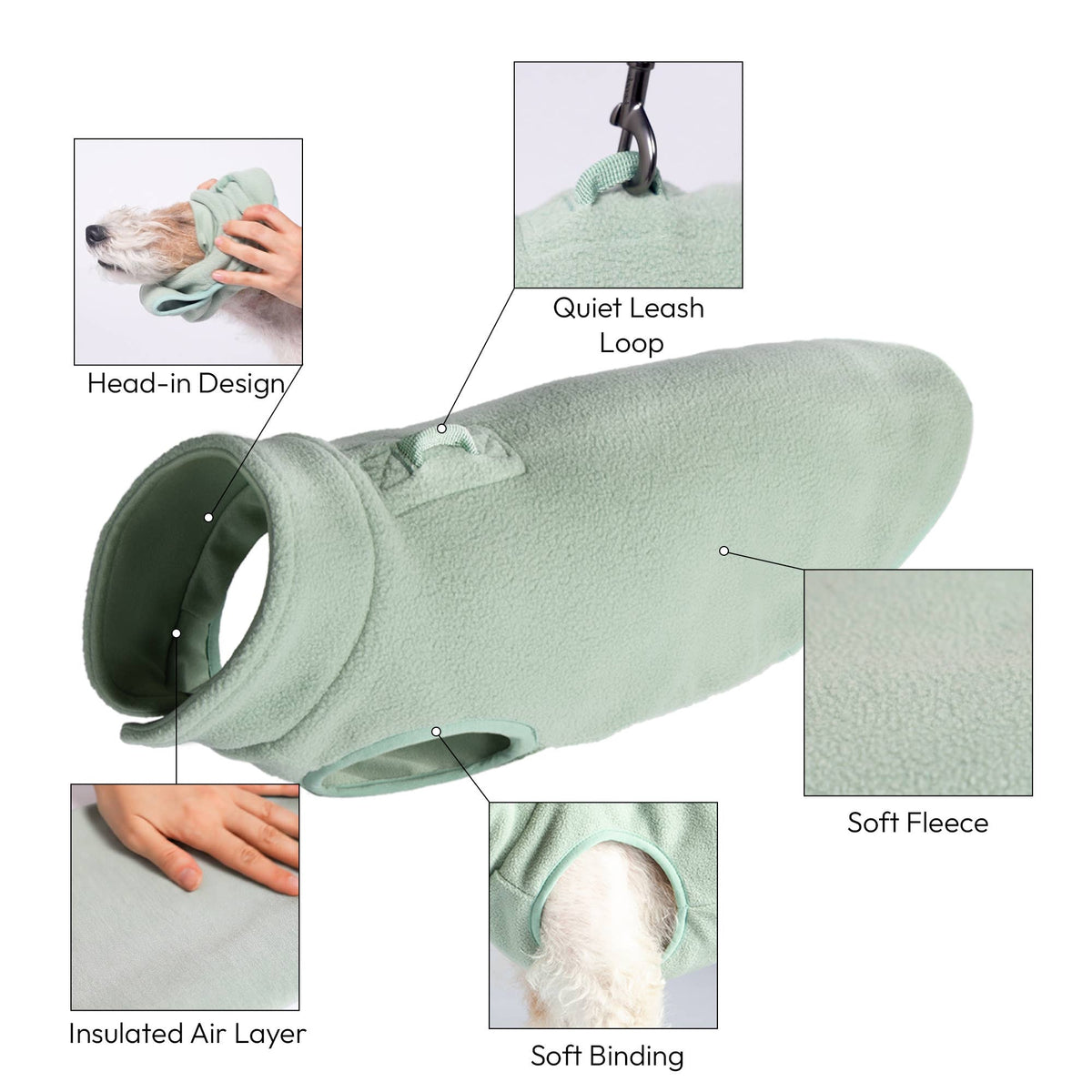 Gooby Everyday Fleece Vest shown in an alternate angle highlighting its cozy, lightweight construction for dogs.
