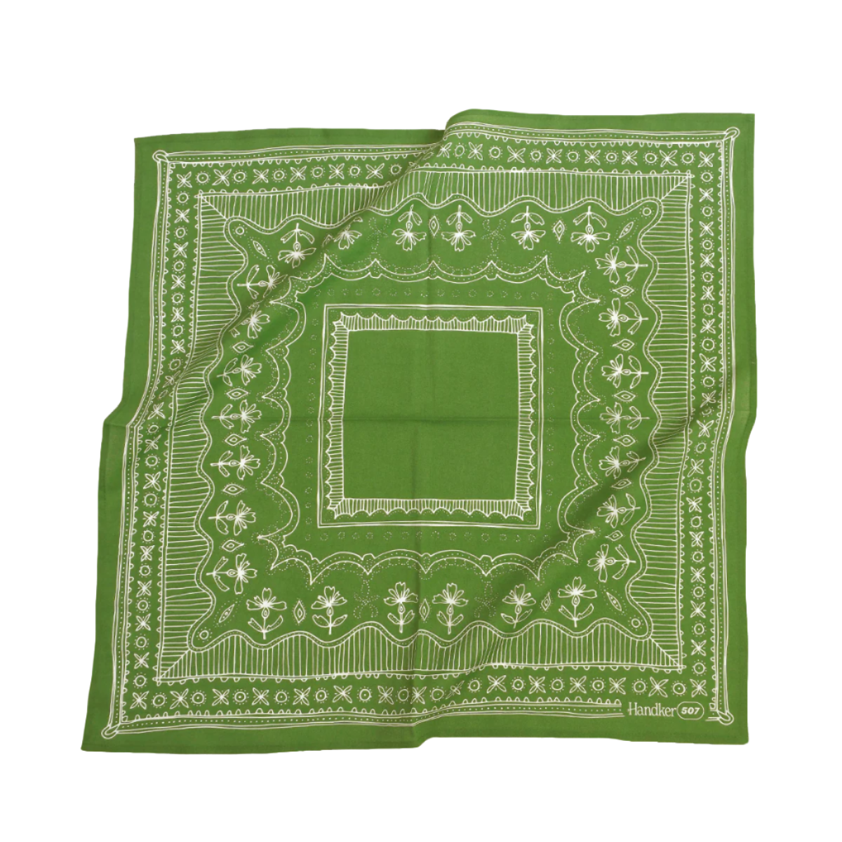 Green bandana with white pattern on a white background