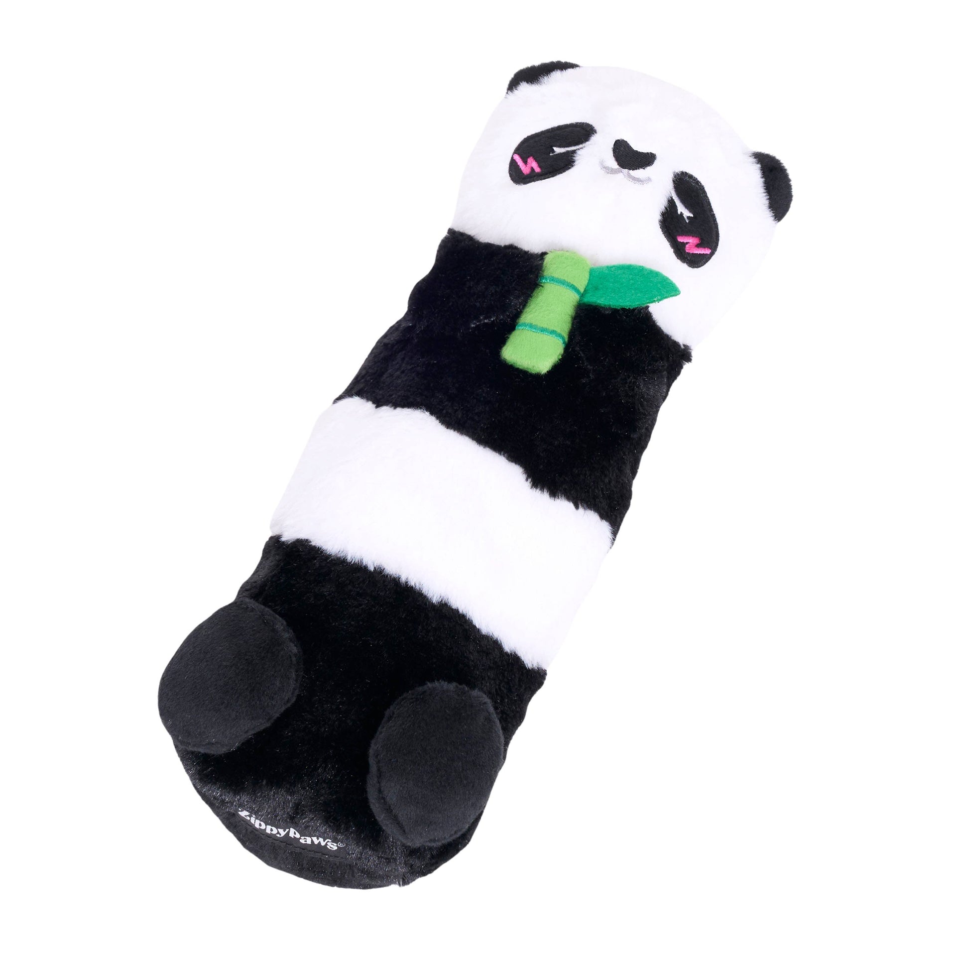 ZippyPaws Silent Squeak Panda plush dog toy packaging showing product details and silent squeaker technology features.