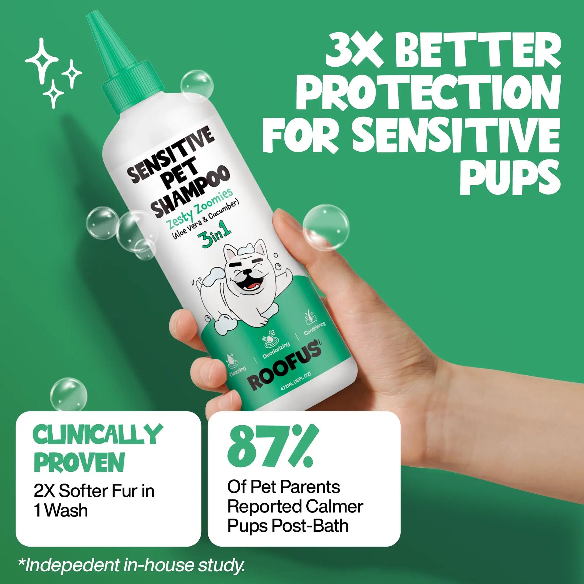 Roofus Zesty Zoomies Shampoo bottle being used to lather a happy dog during bath time