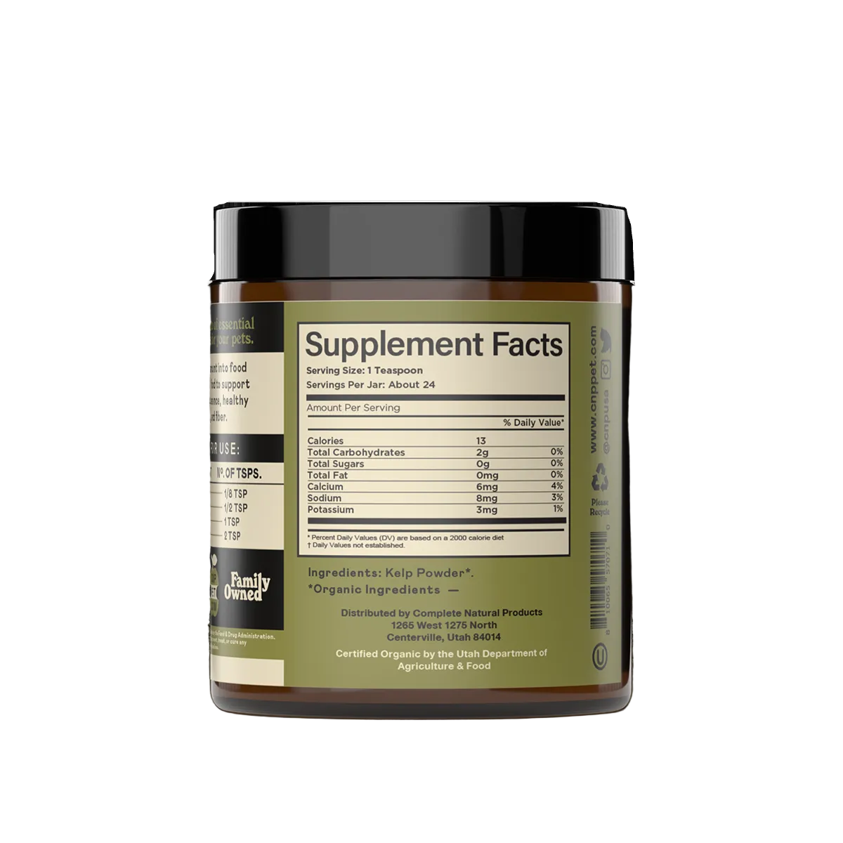 Complete Natural Products Organic Kelp Powder Supplement container showing product label and fine green powder texture detail.