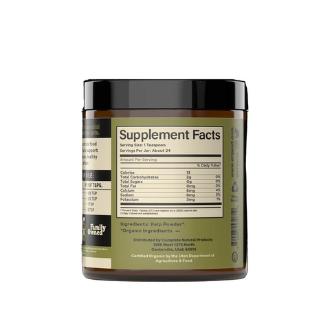 Complete Natural Products Organic Kelp Powder Supplement container showing product label and fine green powder texture detail.