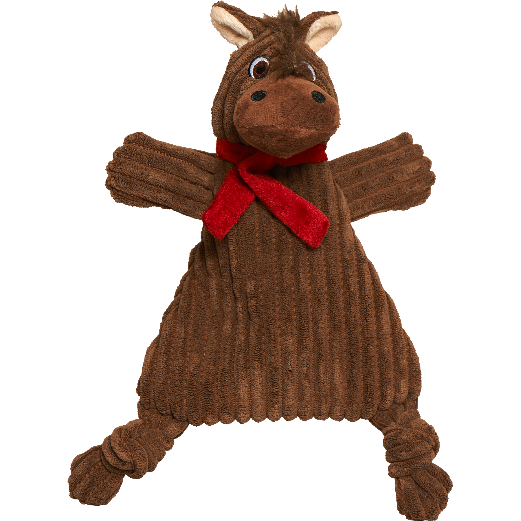 HuggleFlatties Barley Horse Large plush dog toy in brown and tan colors lying flat against white background.