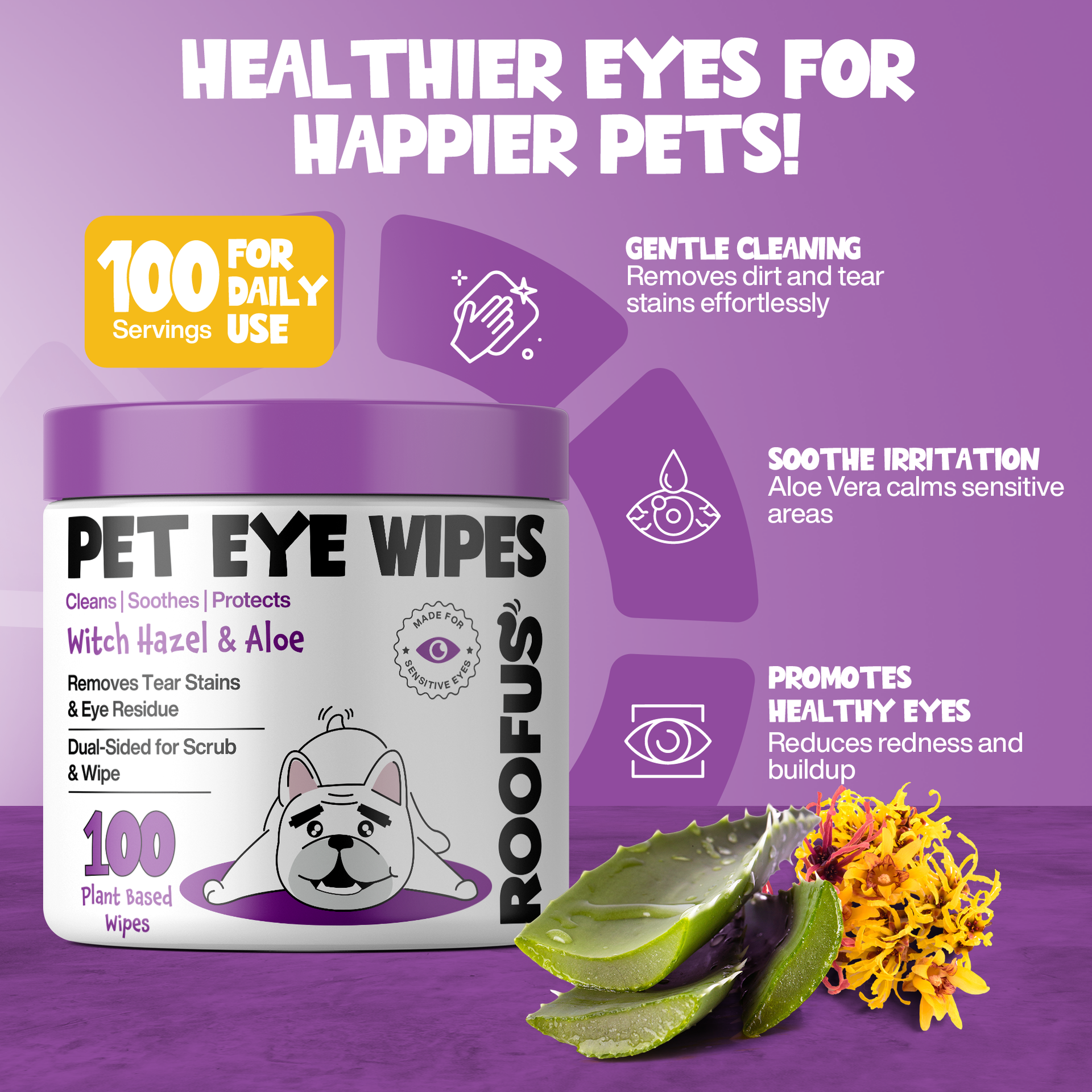 Roofus dog eye wipes package showing detailed product information and usage instructions on back label.