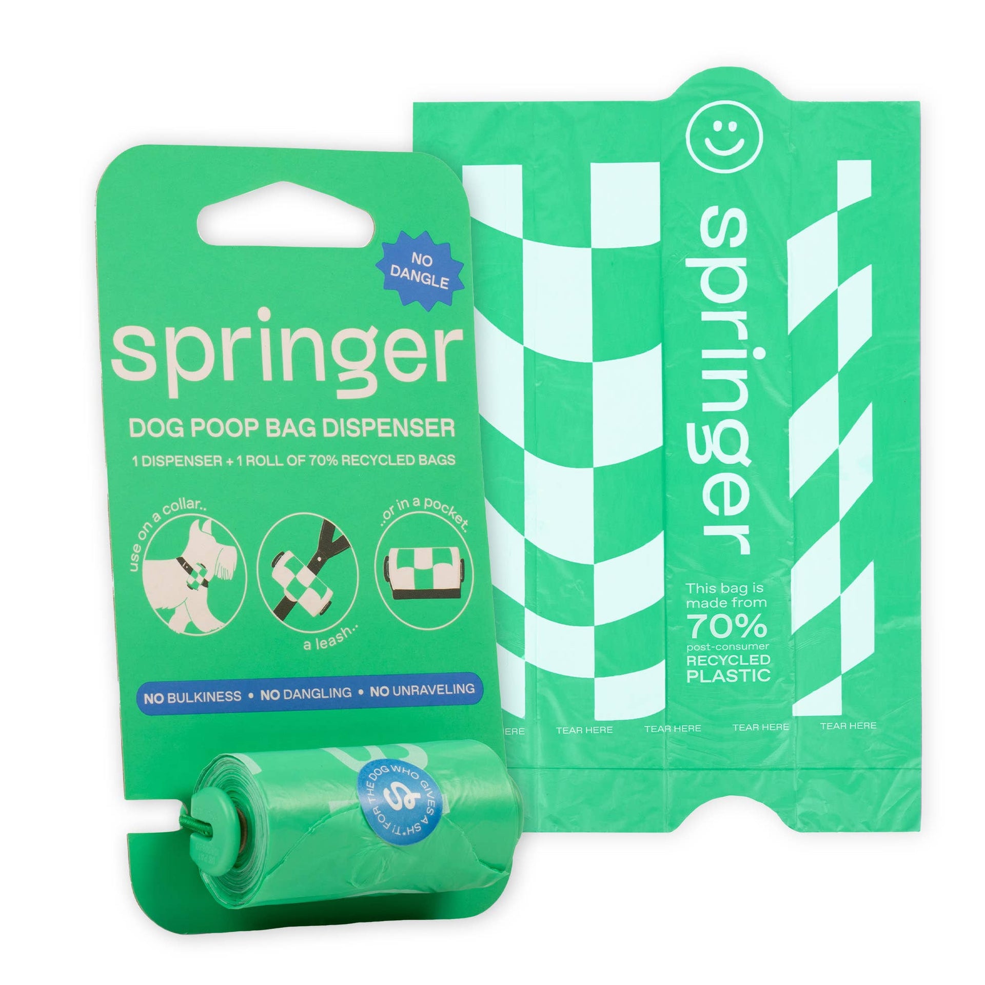Springland Pets poop bag dispenser with roll attachment in compact design for dog walking convenience.