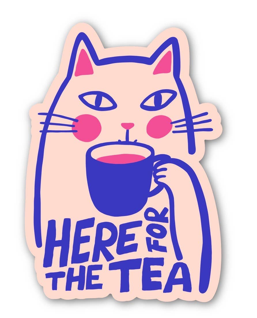 Inviting Affairs Paperie Here for the Tea funny sassy cat vinyl sticker with cute illustrated feline design.