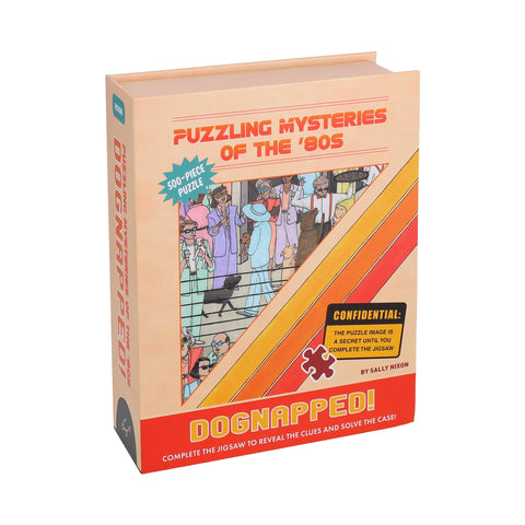Puzzle cover of 'Puzzling Mysteries of the '80s' with a retro design and text.
