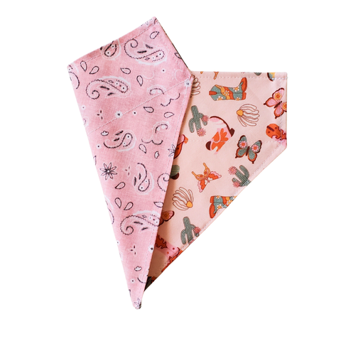 Charlie & the Hound Pink Boho Reversible Bandana showing detailed view of fabric pattern and slide-on collar design.