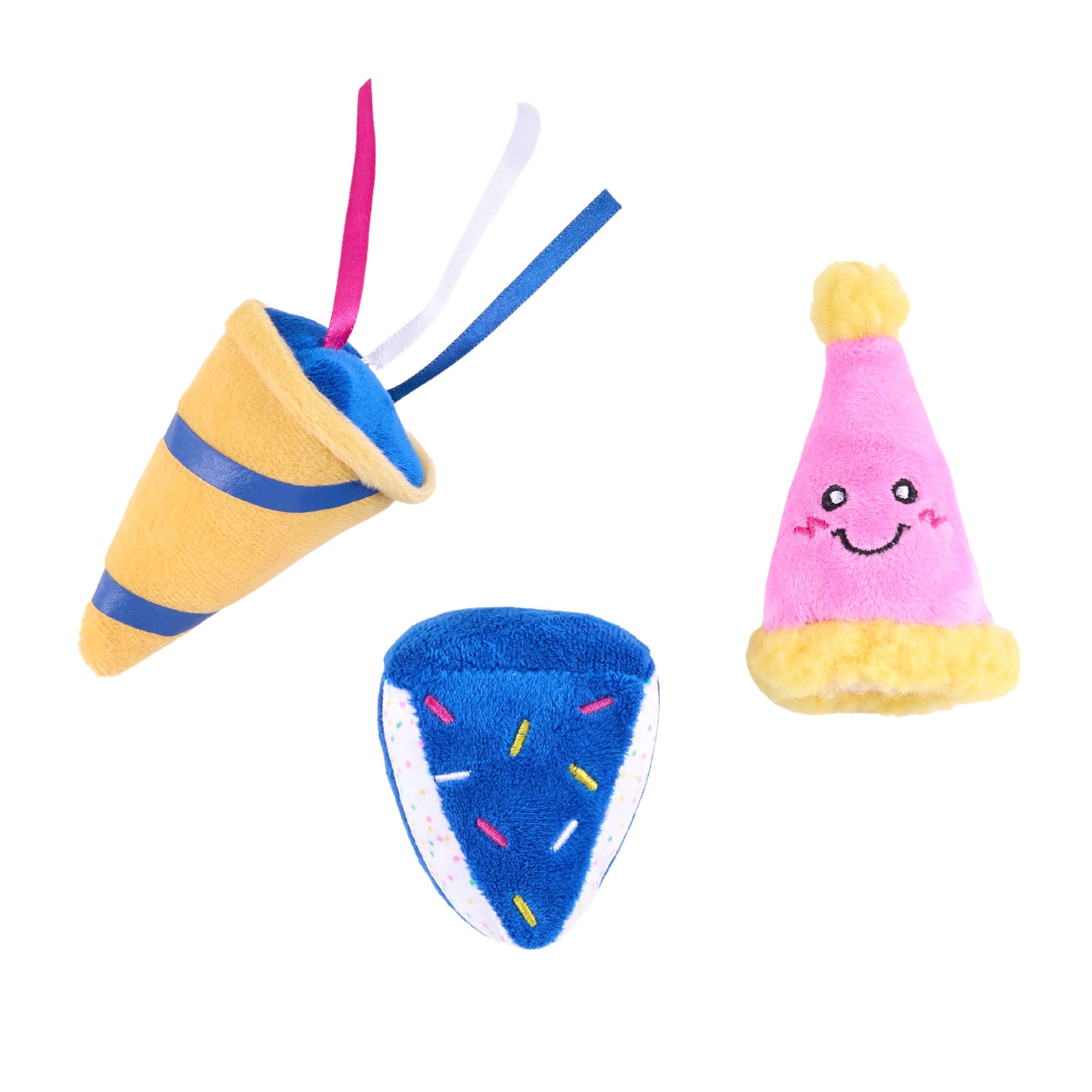ZippyPaws Birthday Party 6-Pack plush dog toys scattered showing individual party-themed designs and colorful details.
