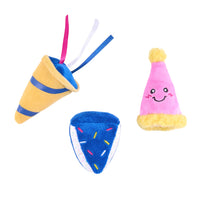 ZippyPaws Birthday Party 6-Pack plush dog toys scattered showing individual party-themed designs and colorful details.