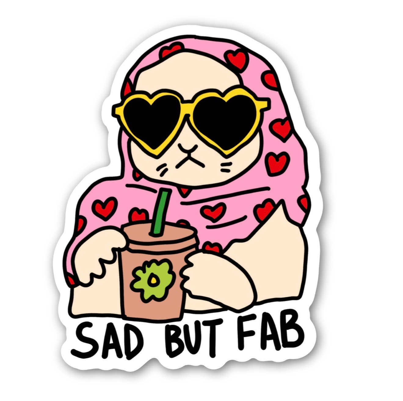 Sad But Fab Cat Sticker by inviting affairs paperie featuring a whimsical illustrated feline with bold expressive text.
