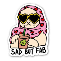 Sad But Fab Cat Sticker by inviting affairs paperie featuring a whimsical illustrated feline with bold expressive text.