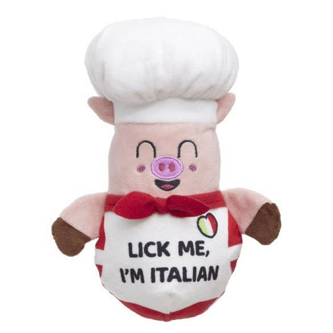 BARK Tony Pupperoni plush dog toy featuring a cute pig chef character in white and pink colors