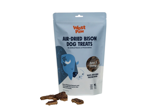 West Paw Air-Dried Bison Lung dog treats package showing natural single-ingredient chews for dogs.