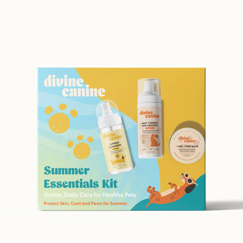 Divine Canine Summer Essentials Kit grooming products displayed together in travel-friendly sizes for dog skincare.