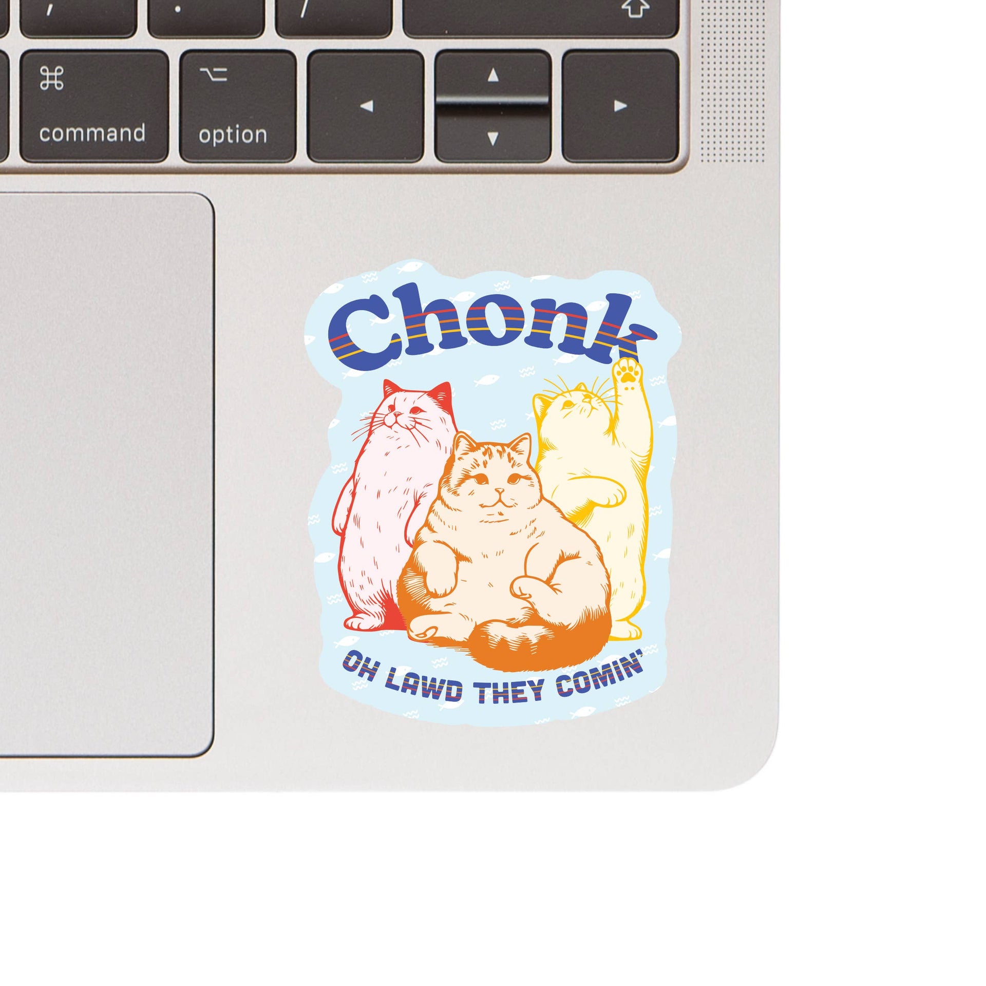 Close-up detail of Juju and Moxie Chonk vinyl sticker showing waterproof material and vibrant color quality.