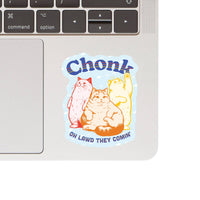 Close-up detail of Juju and Moxie Chonk vinyl sticker showing waterproof material and vibrant color quality.