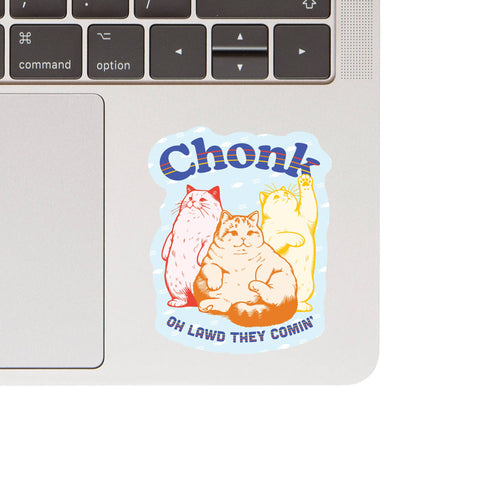 Close-up detail of Juju and Moxie Chonk vinyl sticker showing waterproof material and vibrant color quality.
