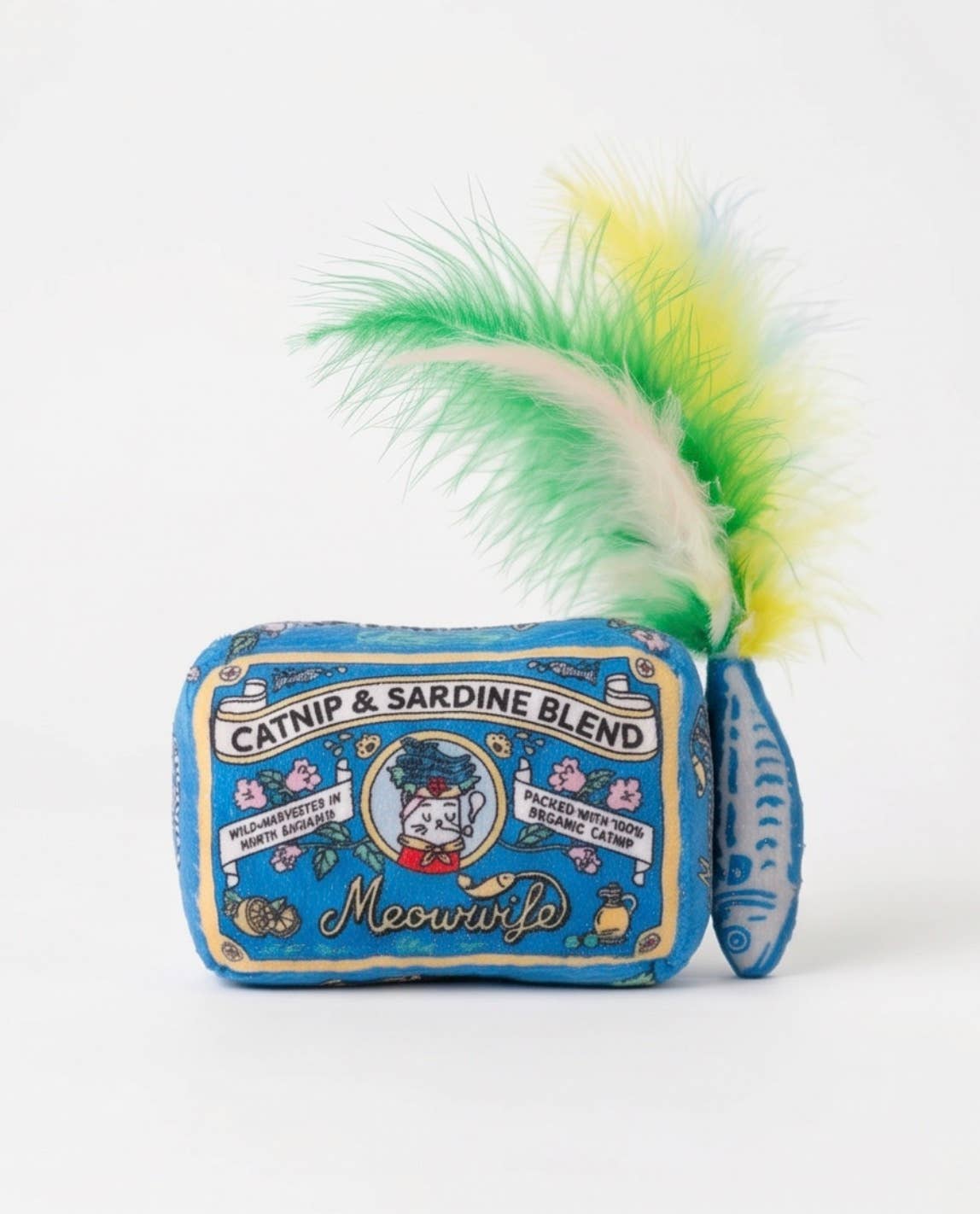 Close-up detail of the Haute Diggity Dog Meowwife Sardines catnip toy showing colorful feather accents.