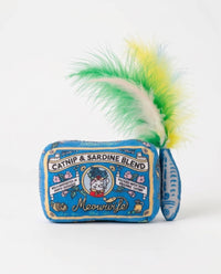 Close-up detail of the Haute Diggity Dog Meowwife Sardines catnip toy showing colorful feather accents.