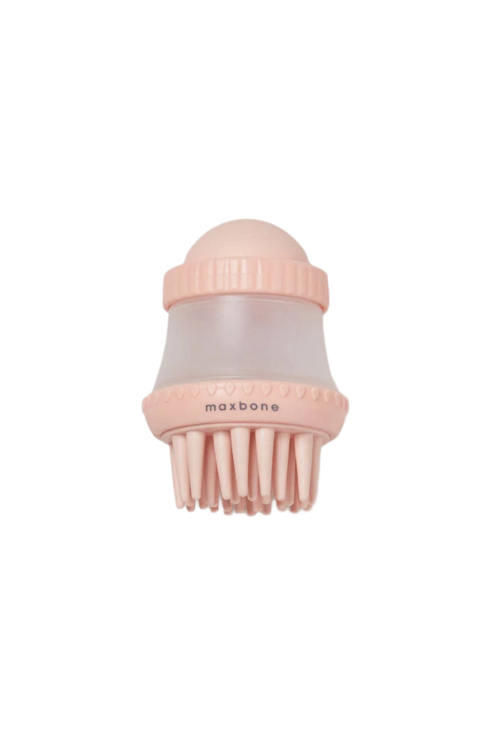 A pink shampoo dispensing brush with soft bristles and a clear soap container, branded with 'maxbone'.