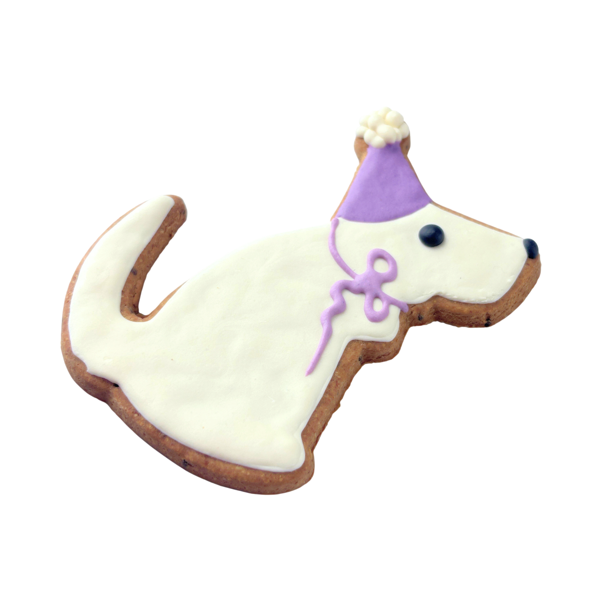 Daisy Bites Natural Dog Bakery purple birthday hat-shaped dog treat on a white background.
